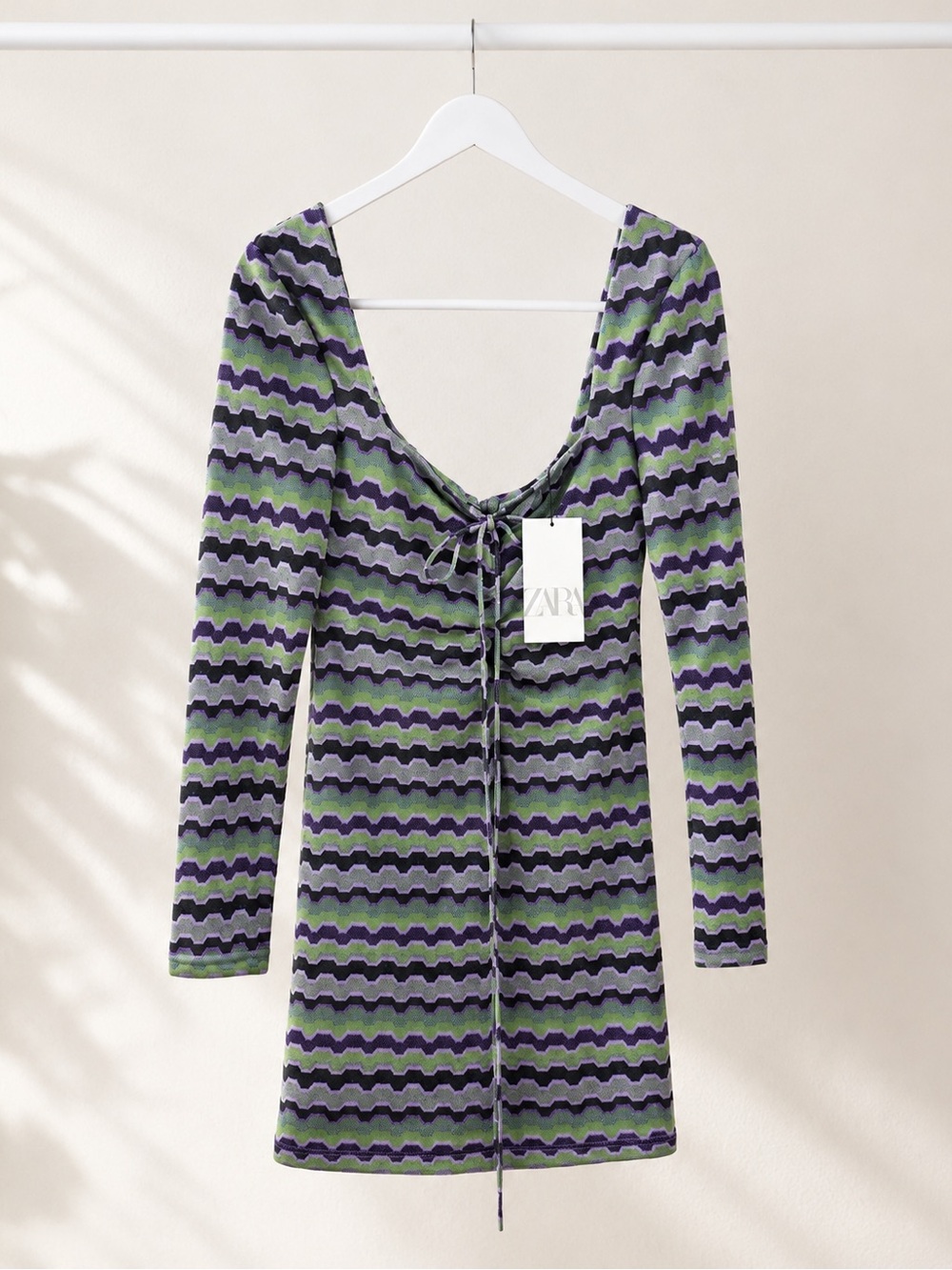 Zara Purple, Green & Black Wave-Stripe Tie-Front Dress